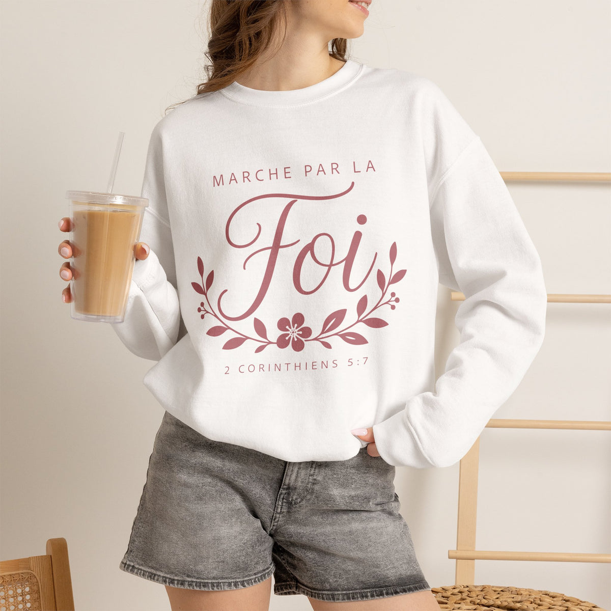 Crewneck Sweatshirt | “Marche par la Foi” Floral French Faith Pullover