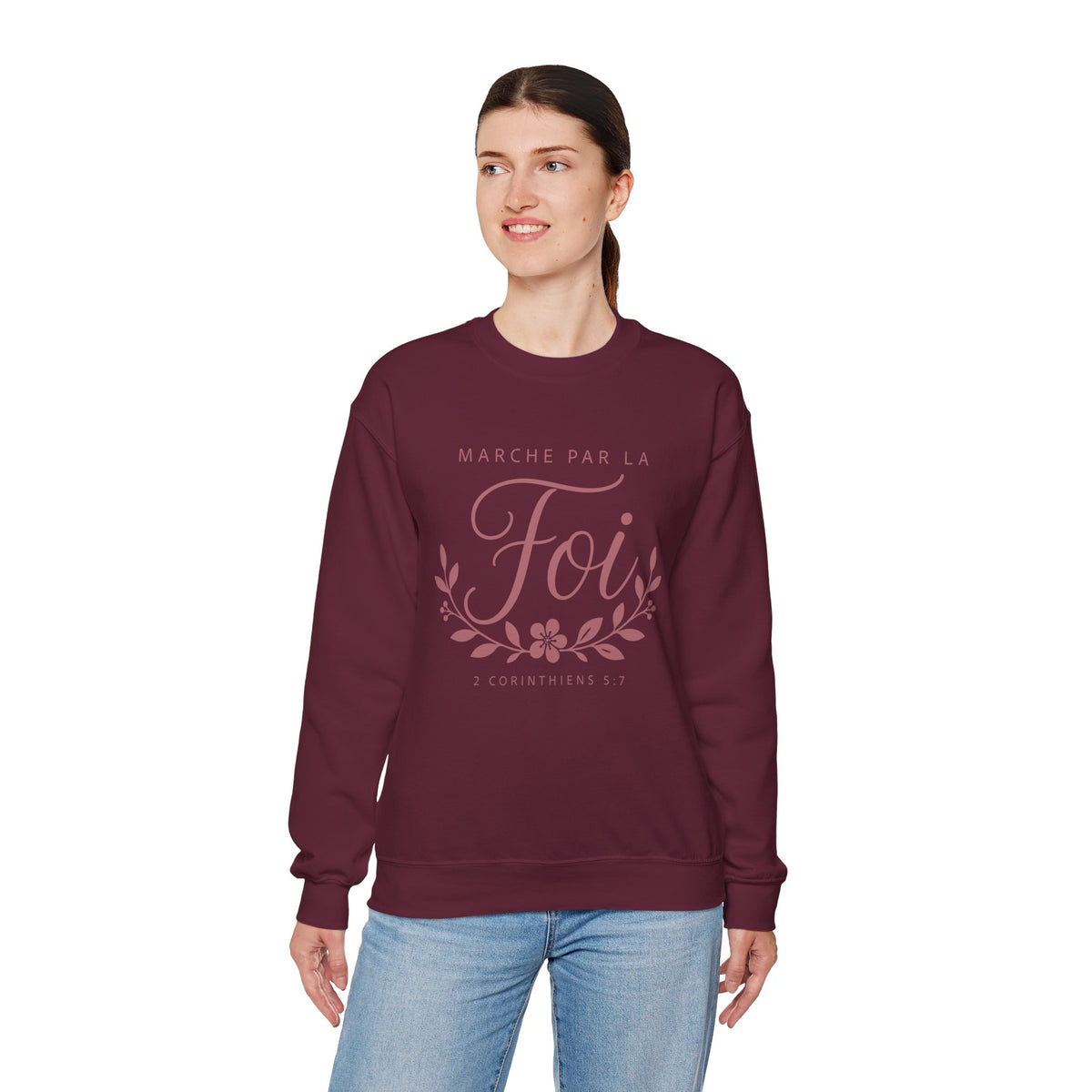Crewneck Sweatshirt | “Marche par la Foi” Floral French Faith Pullover