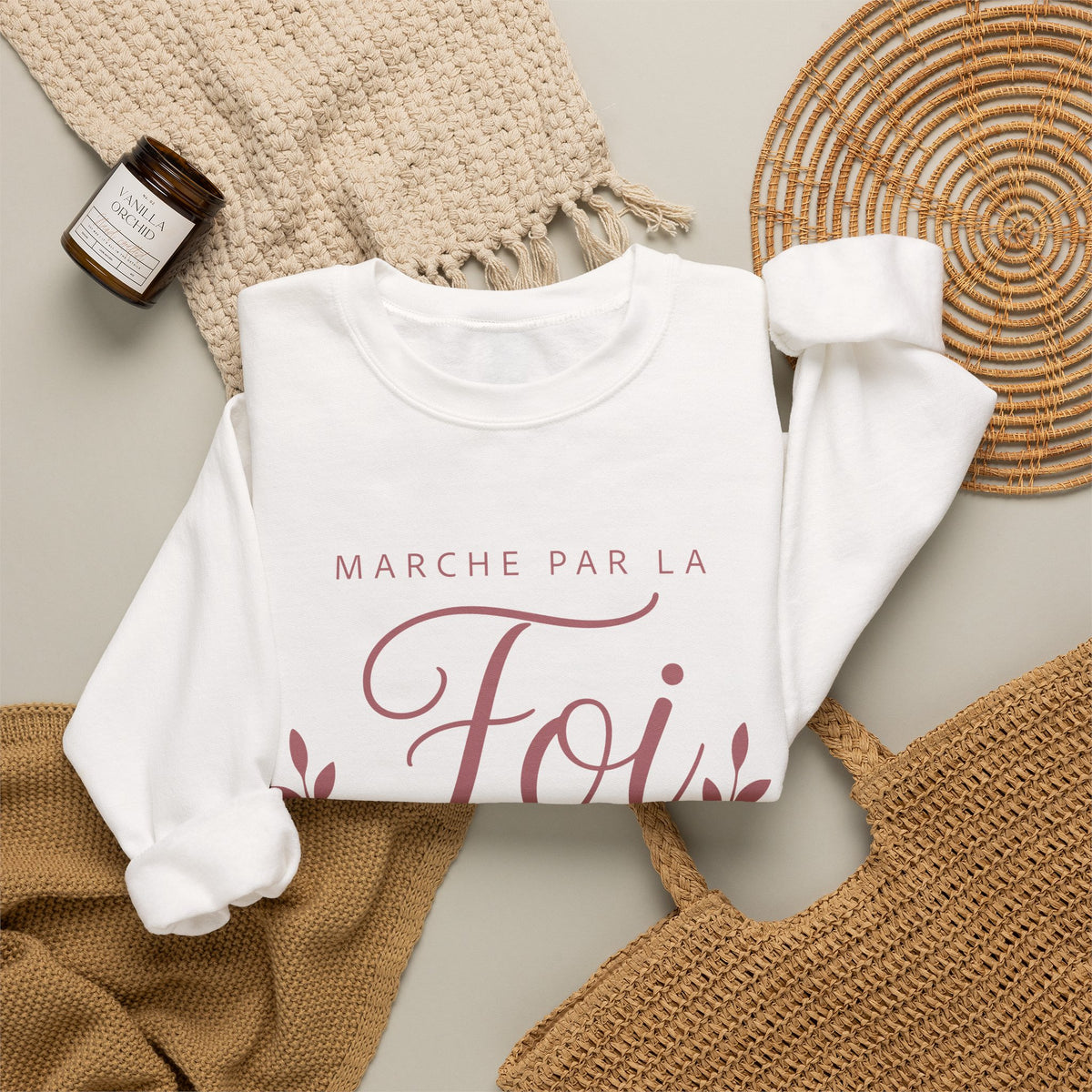 Crewneck Sweatshirt | “Marche par la Foi” Floral French Faith Pullover